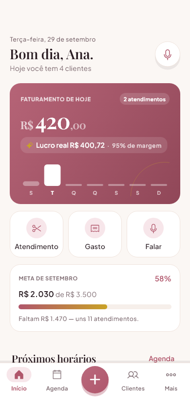 Tela inicial do Salone com o faturamento e o lucro real do dia