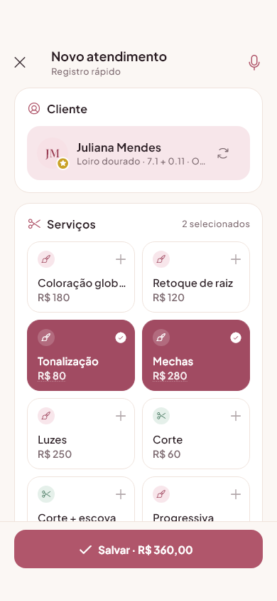 Tela de novo atendimento do Salone