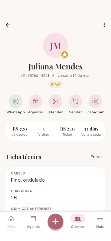 Ficha técnica da cliente com fórmula e histórico