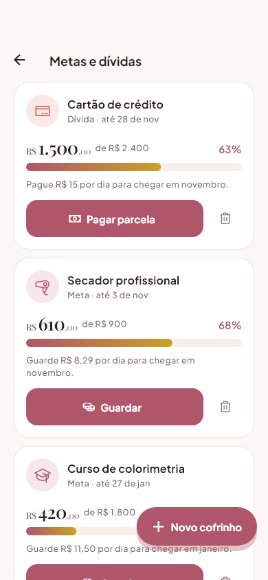 Tela de Metas e dívidas do Salone