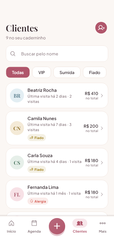 Lista de clientes com etiquetas VIP, fiado e alergia